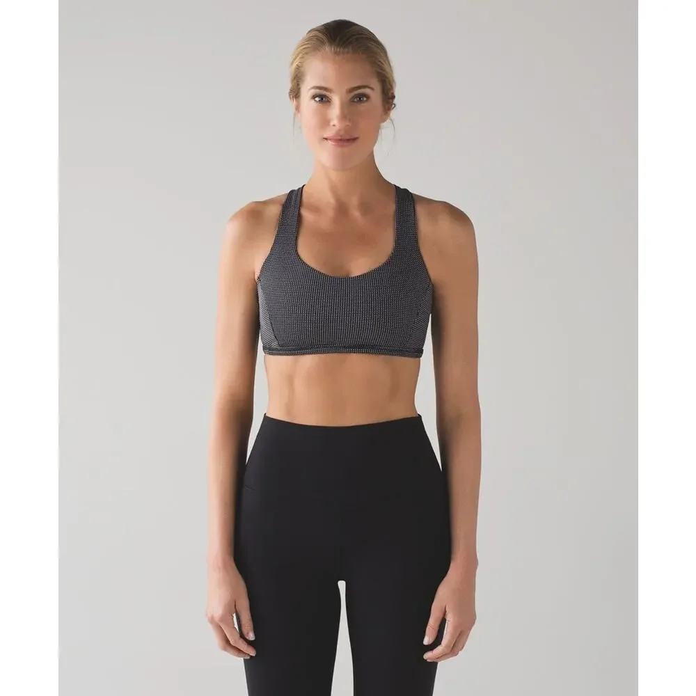 Lululemon Energy Bra Medium Support Strappy Sports Bra Teeny Check White Black 4